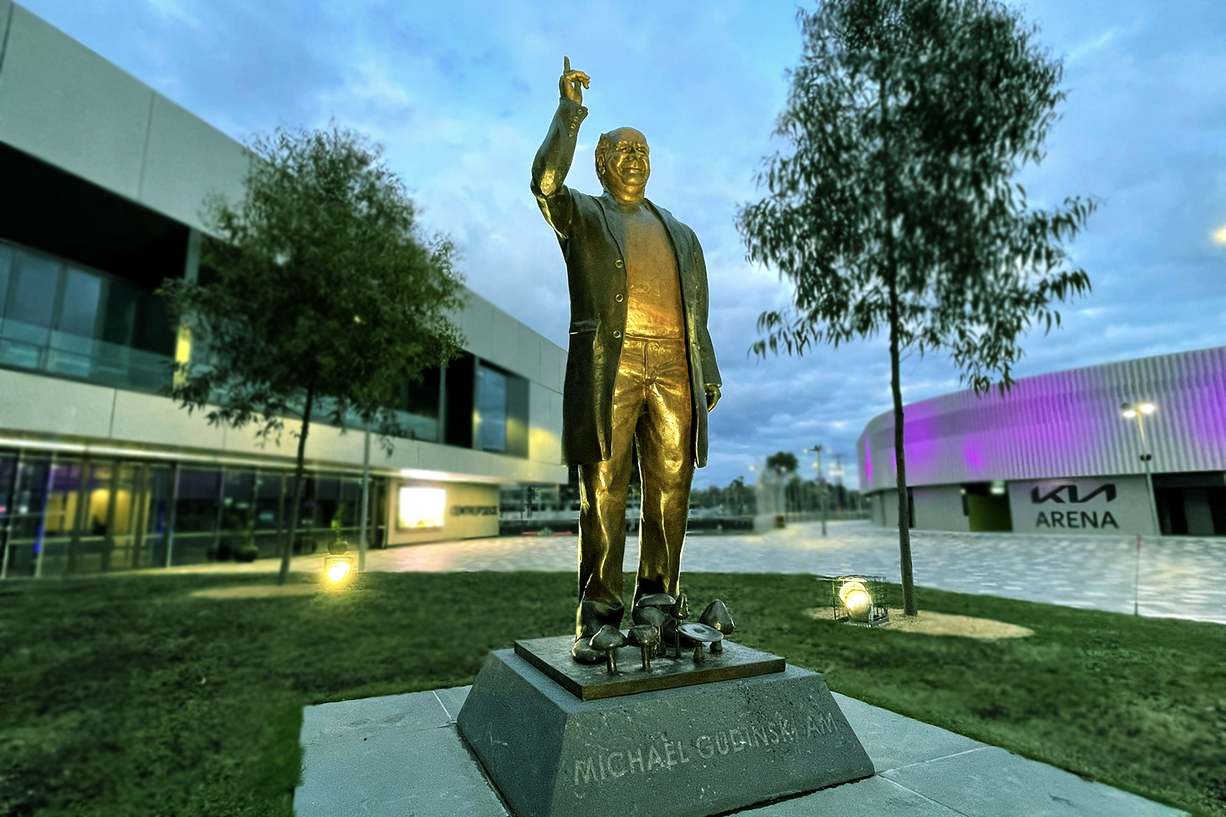 Gudinski Memorial Statue outside Rod Laver Arena with outdoor lighting control surrounding
